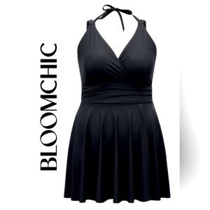 BNWT Black Halter Neck Empire waist A-line Swim Dress w/removable pads BloomChic